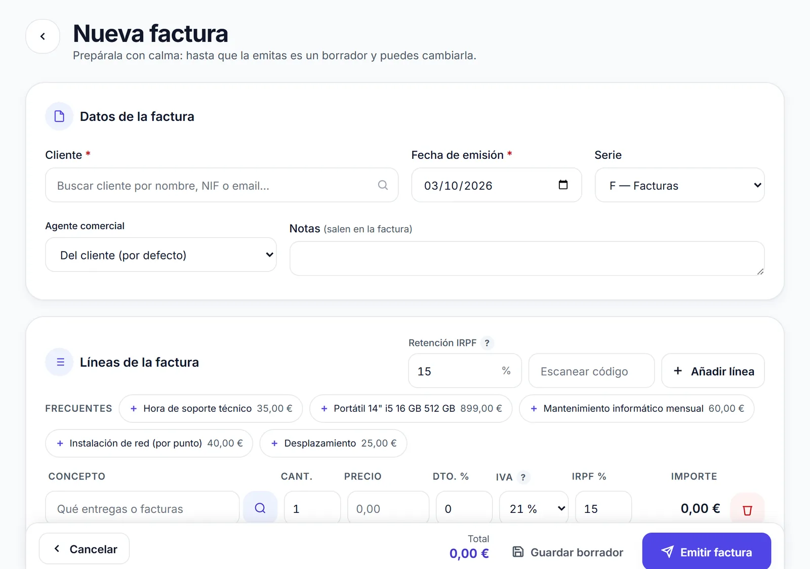 Pantalla de nueva factura con conceptos frecuentes, IVA y retención