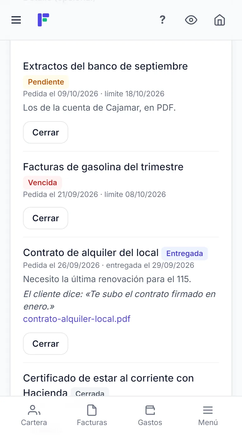 Petición entregada por el cliente con su archivo PDF adjunto