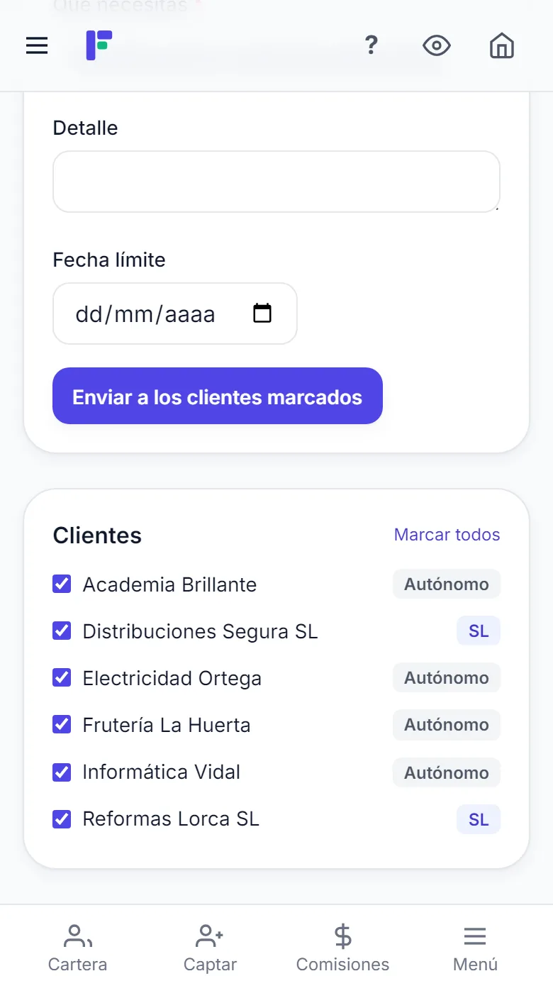 Lista de clientes marcados para enviarles la misma petición