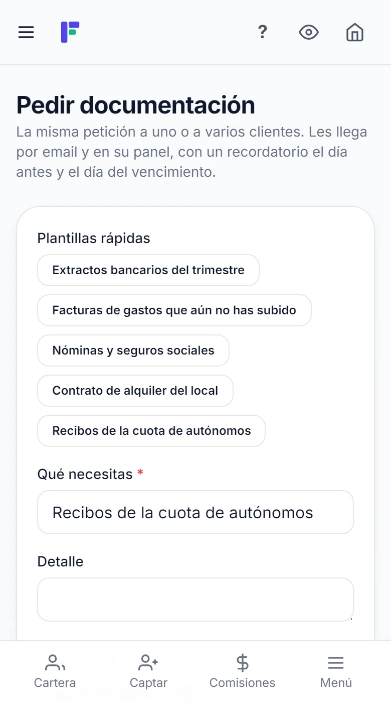 Pantalla Pedir documentación con plantillas como extractos bancarios del trimestre o recibos de la cuota de autónomos