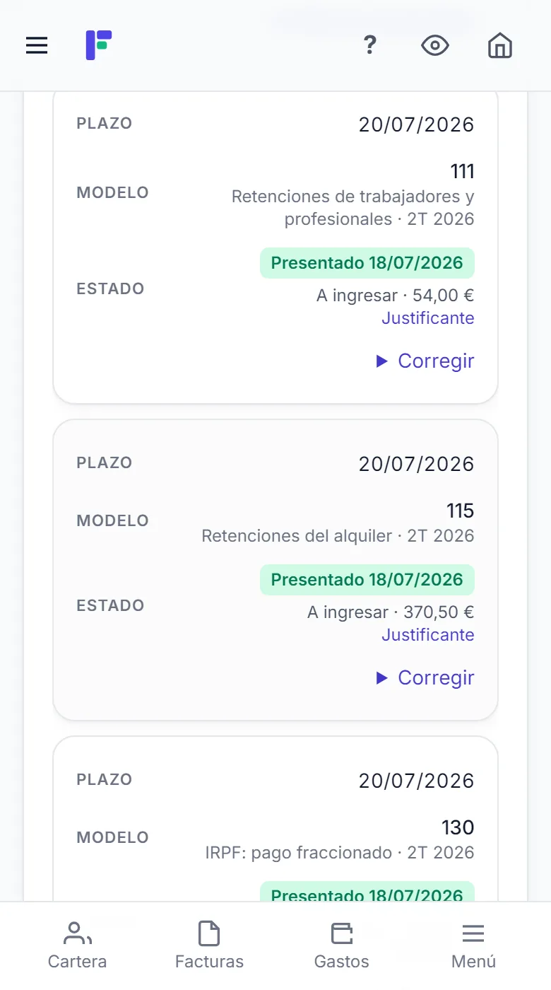 Presentaciones de un cliente: modelos marcados como presentados con el importe a ingresar y su justificante