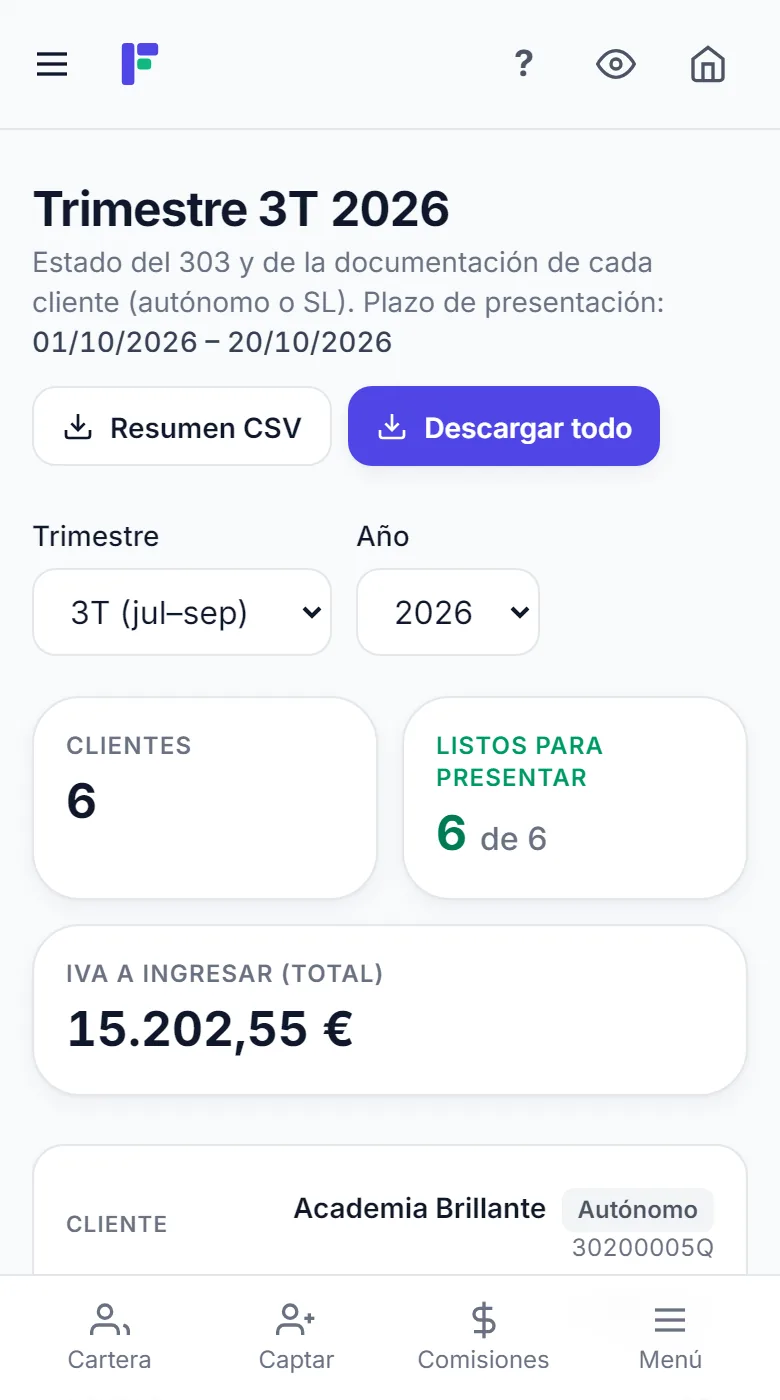 Pantalla Trimestre en el móvil: todos los clientes listos para presentar y el IVA a ingresar de todos