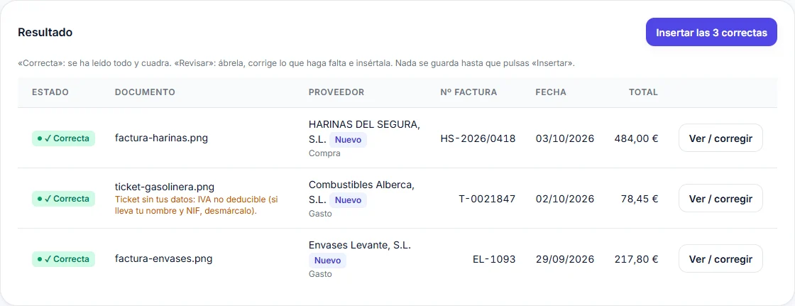 Tres documentos leídos con IA: factura de harinas, ticket de gasóleo y factura de envases
