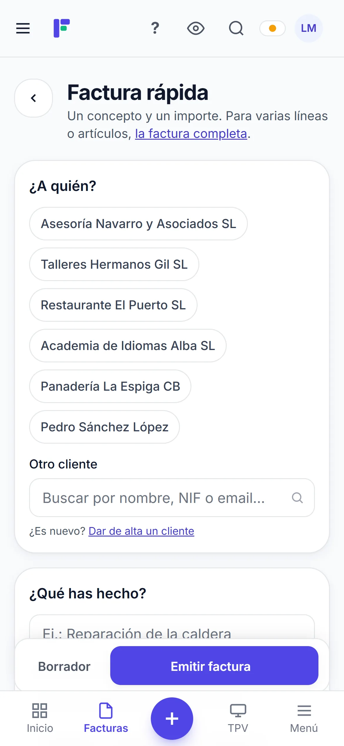 Factura rápida en el móvil: cliente, concepto e importe
