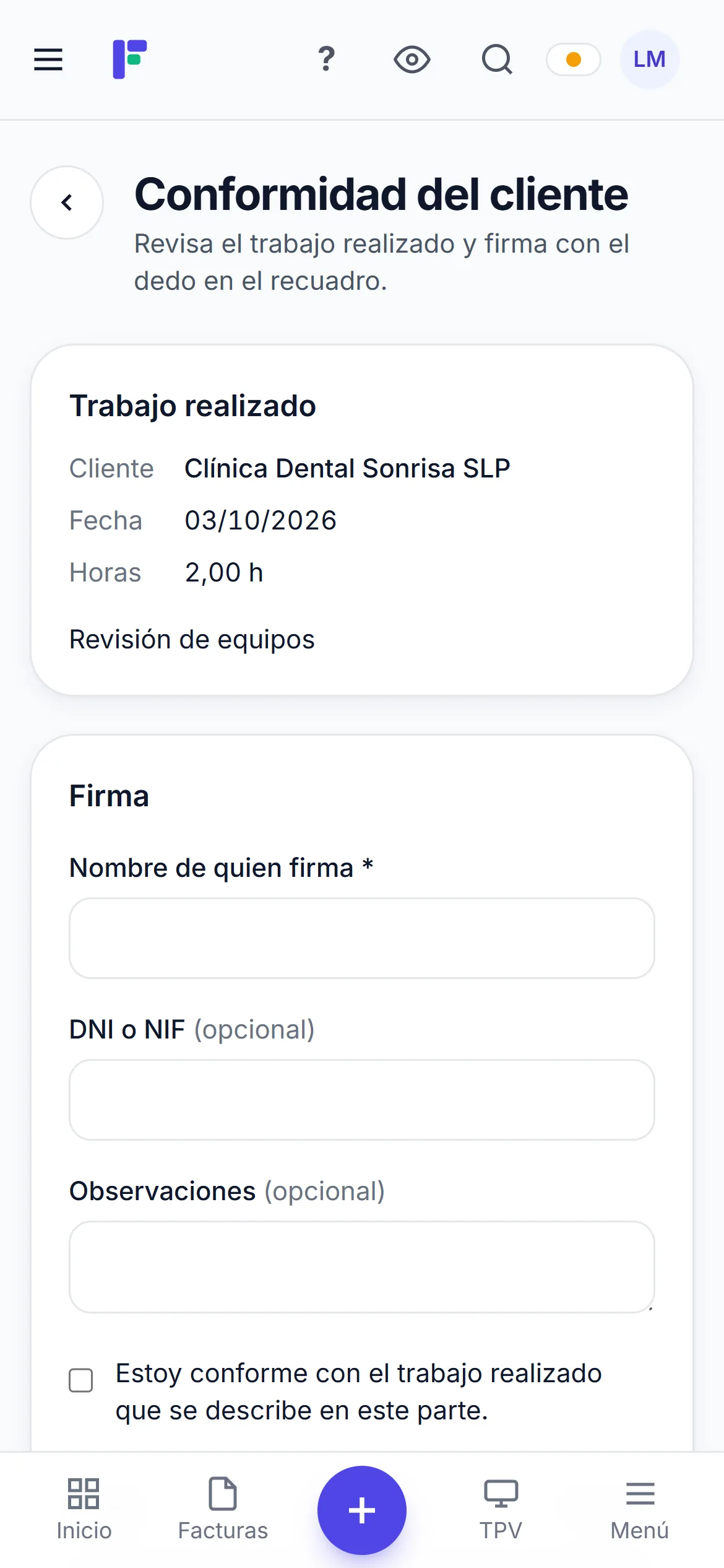 El cliente ve el trabajo realizado, las horas y la fecha antes de firmar