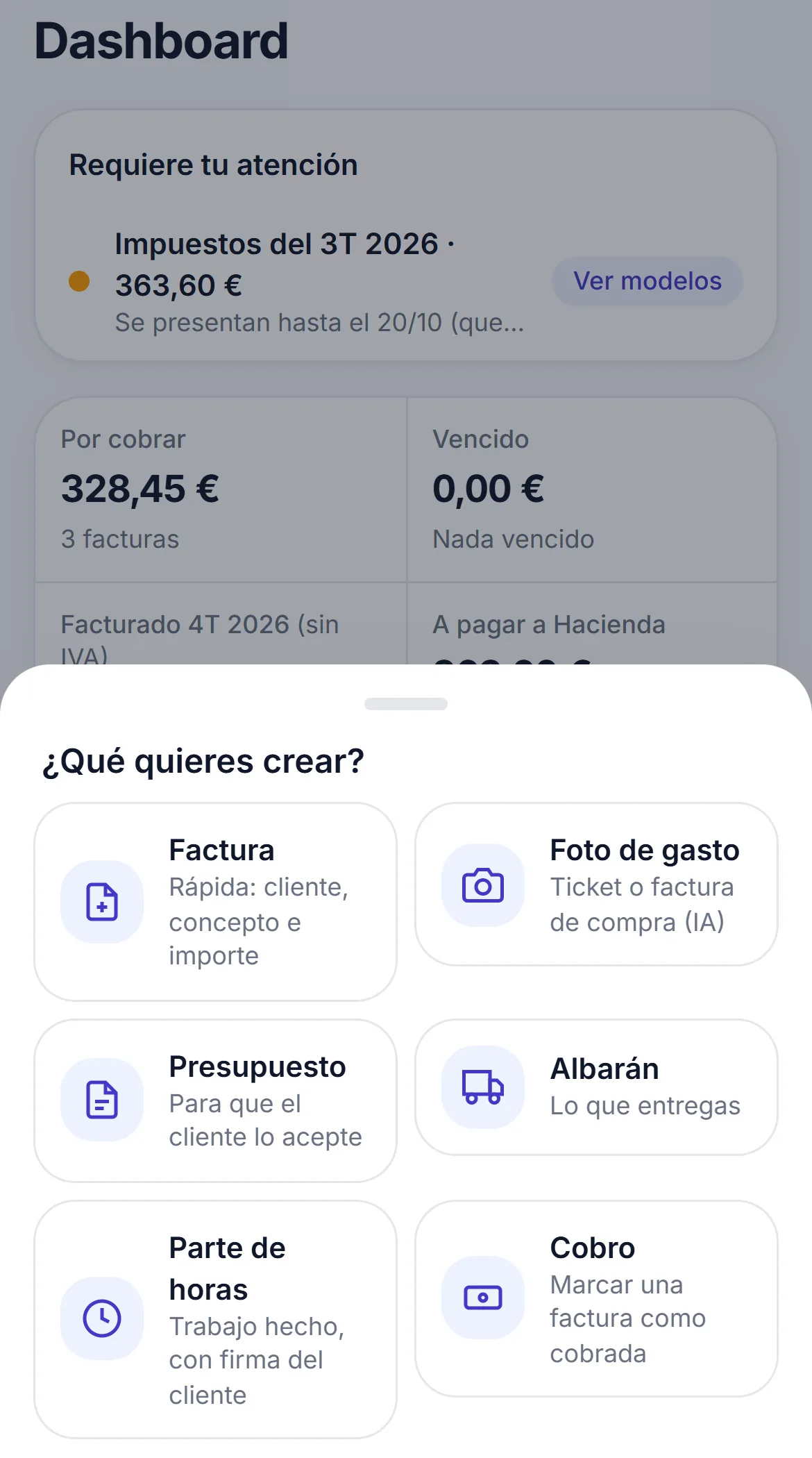 Botón + del móvil con la opción Parte de horas