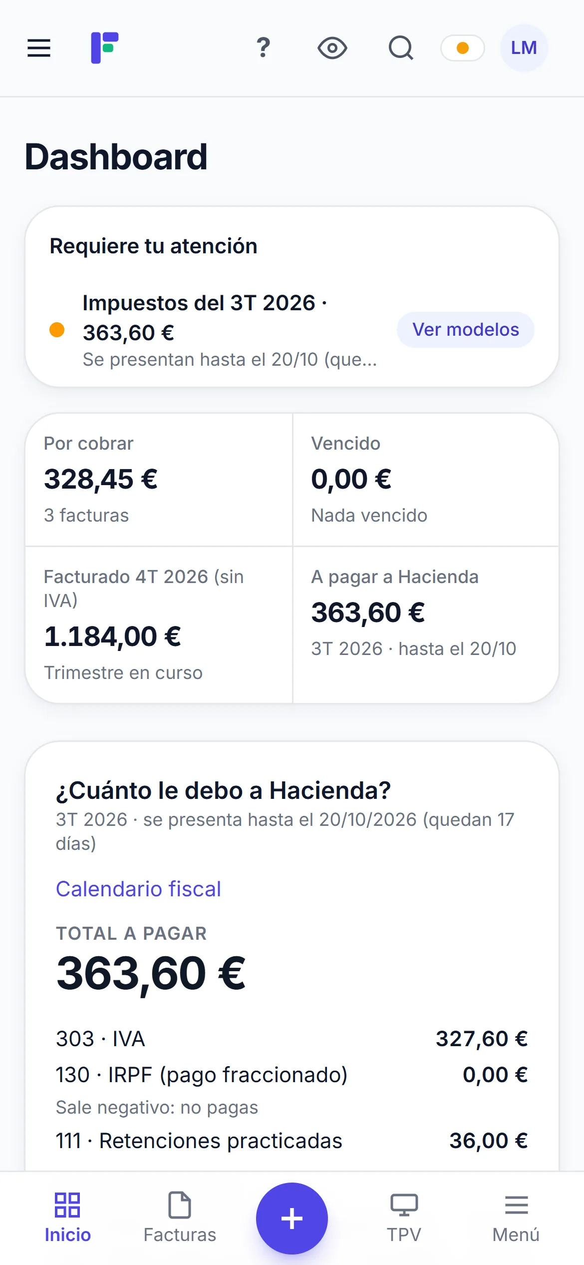 Panel de FactuHub en el móvil con lo que te deben y lo que toca pagar a Hacienda