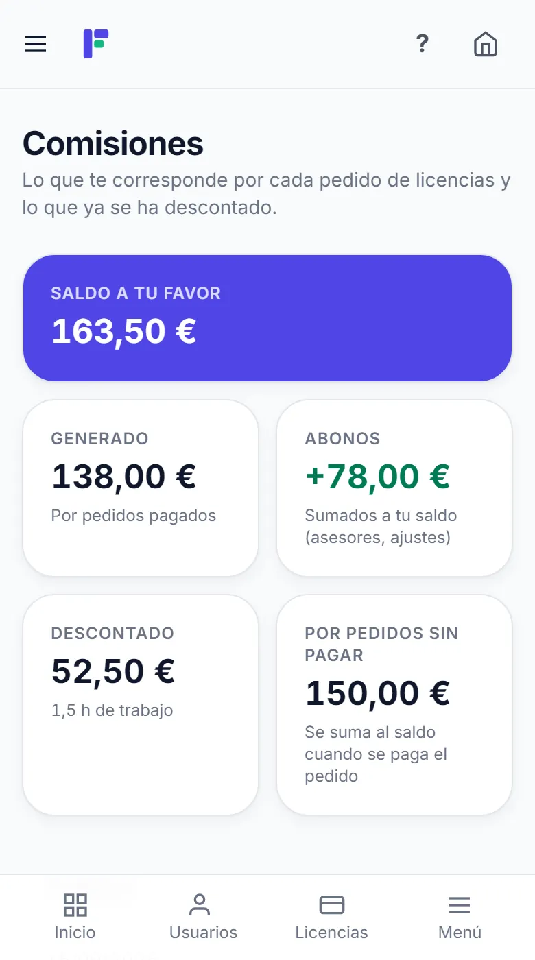 Pantalla de comisiones: saldo a tu favor, lo generado por pedidos pagados y lo descontado
