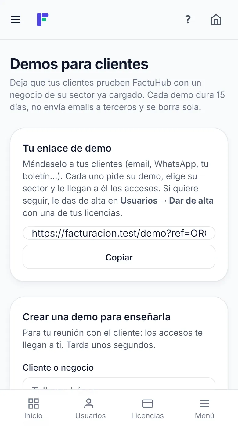 Pantalla de demos para clientes con tu enlace para copiar