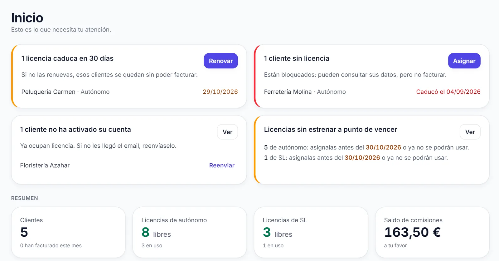 Inicio del panel de Licencias por volumen: avisos de renovación, clientes sin licencia o sin activar, licencias libres y saldo de comisiones