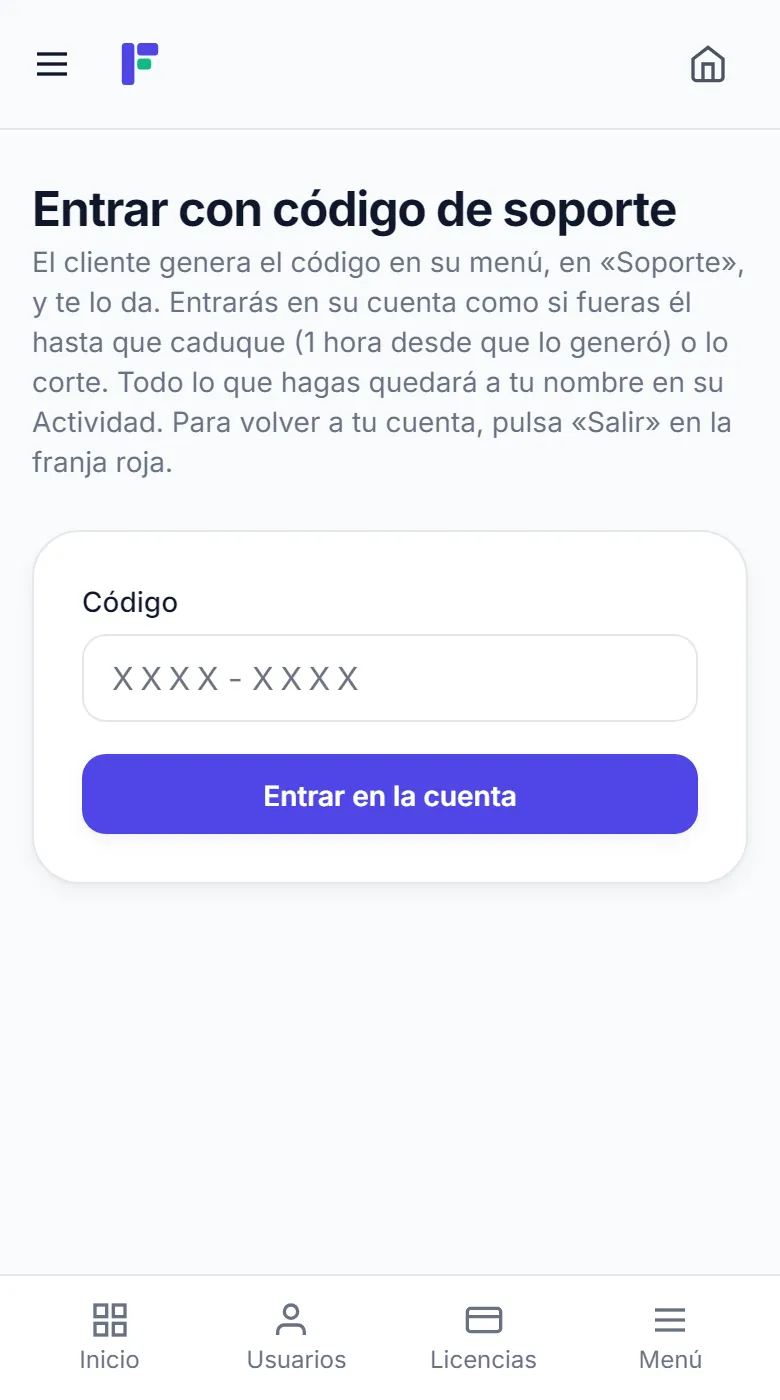 Pantalla para entrar en la cuenta de un cliente con el código de soporte que te da