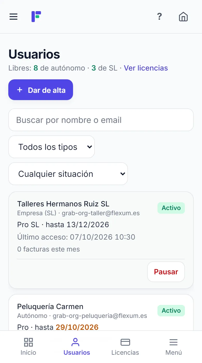 Lista de clientes con su estado, su licencia y hasta cuándo dura