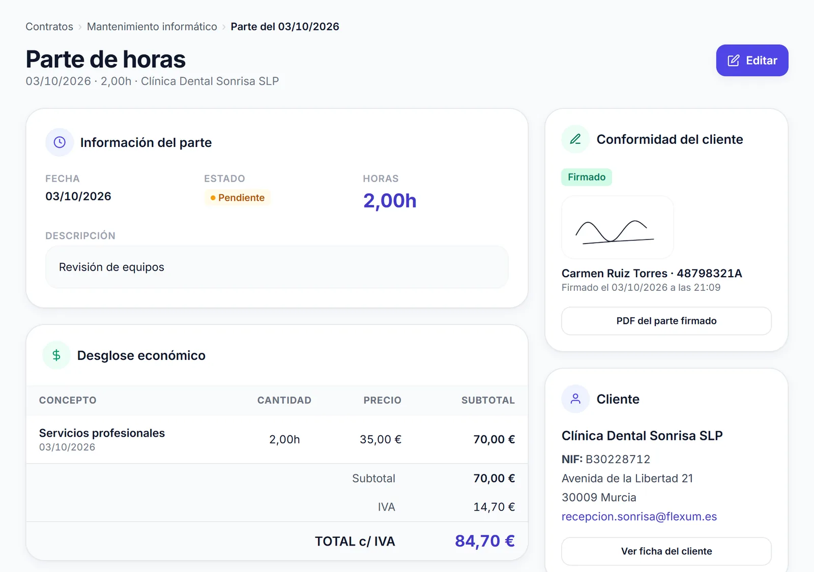 Parte de horas de un aviso con la firma del cliente, las horas y el desglose económico