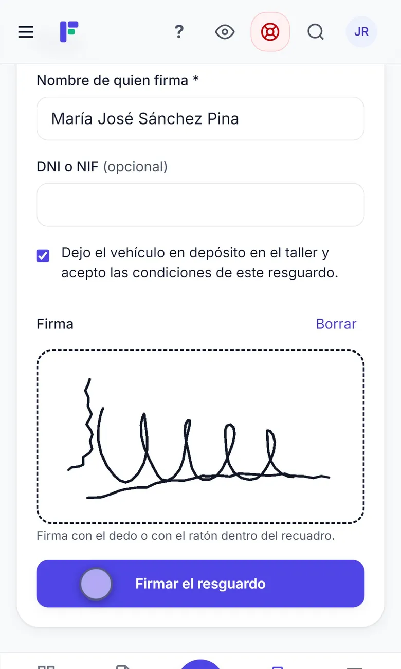 Resguardo de depósito en el móvil con la firma de la clienta hecha con el dedo