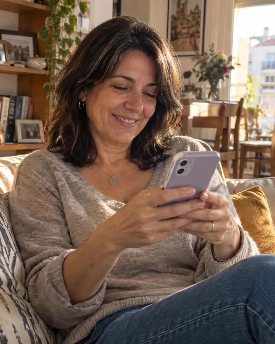 Clienta mirando el móvil en el sofá de su casa