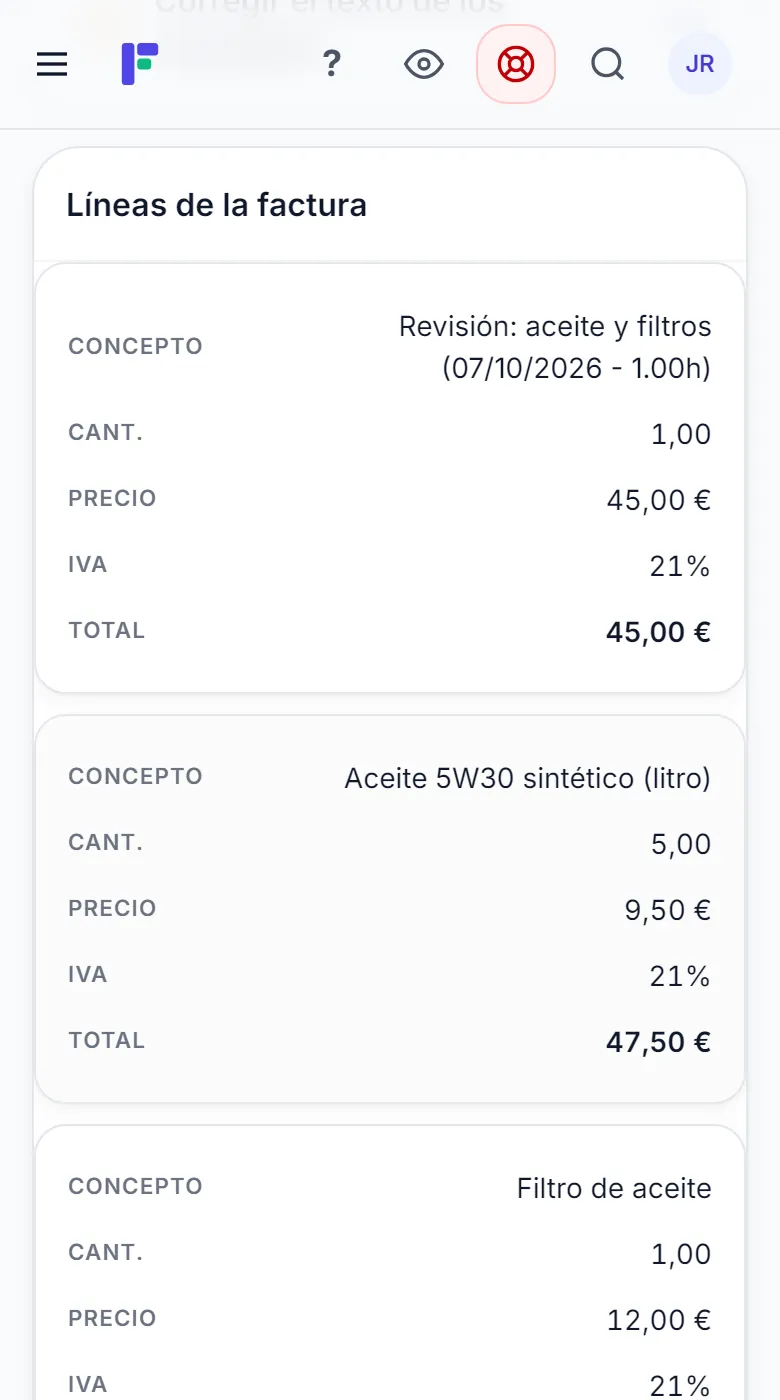 Líneas de una factura hecha desde la orden: mano de obra, aceite y filtros con sus precios