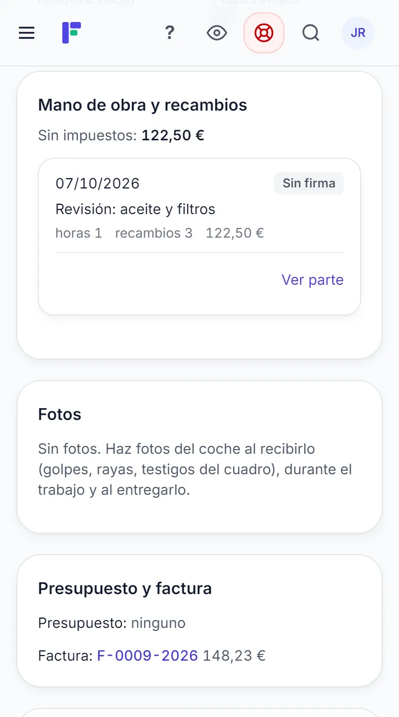 Orden de reparación en el móvil: parte con 1 hora de mano de obra y 3 recambios, 122,50 euros