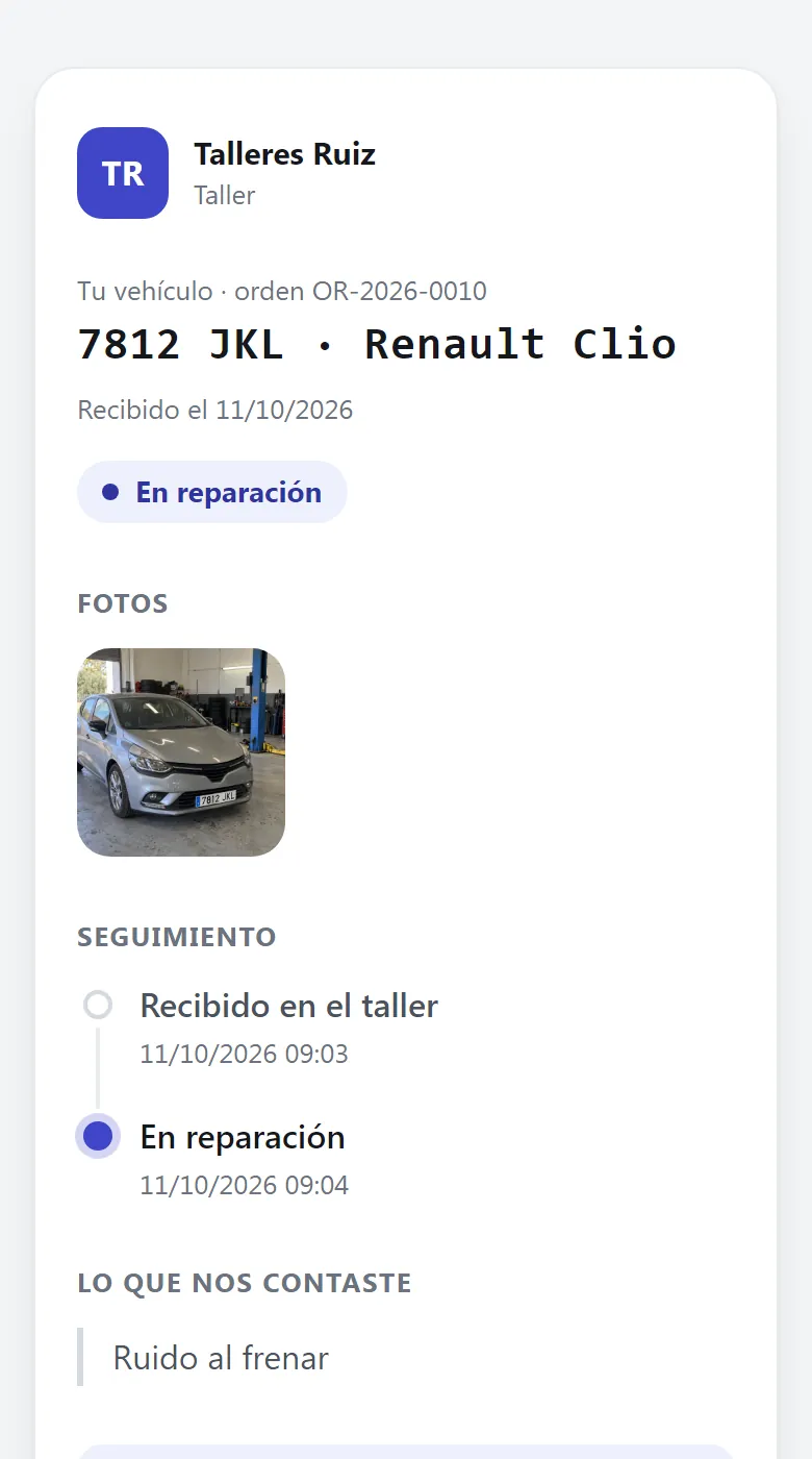 Página que ve el cliente: su coche 7812 JKL en reparación, con la foto de entrada