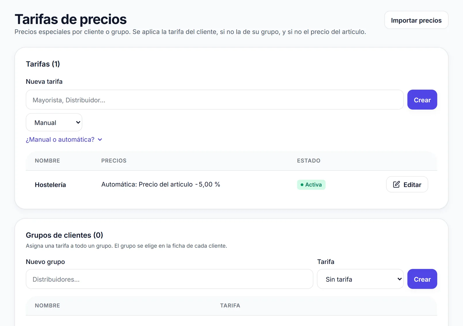Precios para cada tipo de cliente