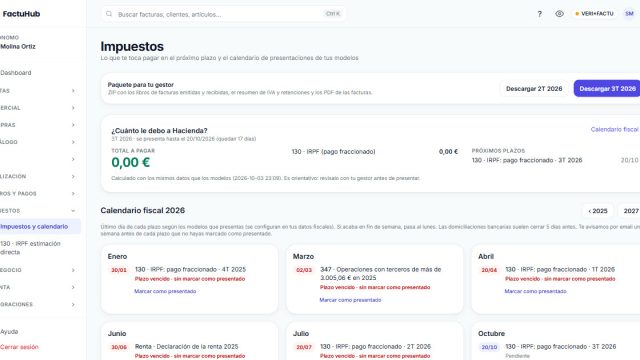 Pantalla de impuestos de una autónoma en recargo de equivalencia en FactuHub