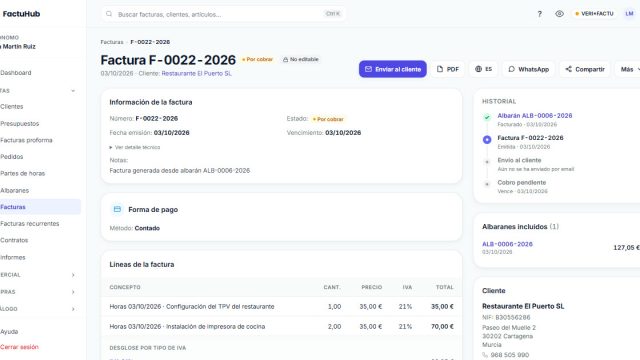 Ficha de una factura emitida en FactuHub con su historial y sus datos