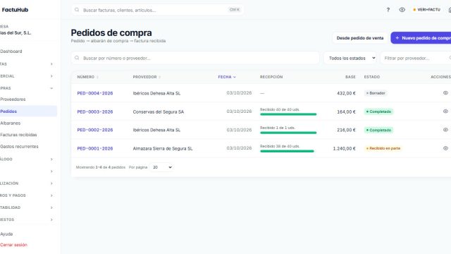 Listado de pedidos de compra en FactuHub con el estado de recepción de cada pedido