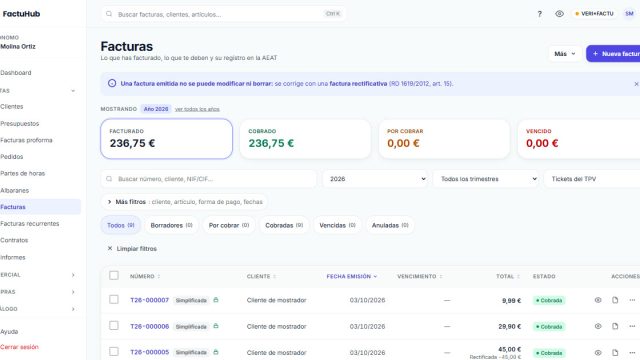 Listado de tickets del TPV de una tienda de ropa en FactuHub