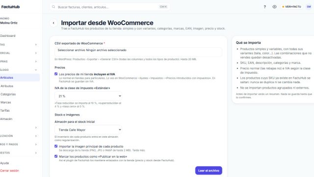 Pantalla de FactuHub para importar los productos de una tienda WooCommerce